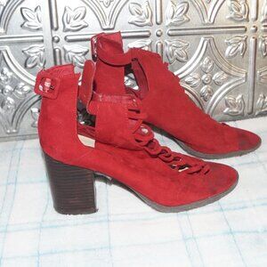 Red Faux-Suede Buckle Lace Design Chunk Heels